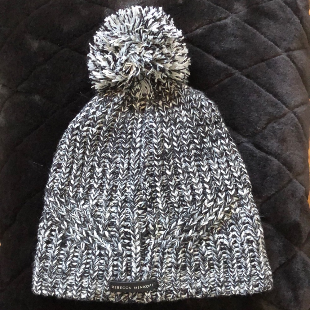 Rebecca Minkoff Knit Black Gray Beanie Pom Pom Hat